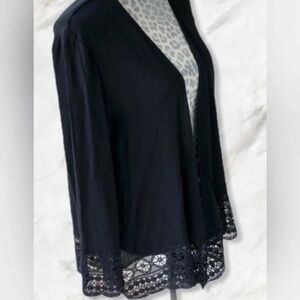 NY Collection Open Front Lace Trim Black 3/4 Sleeve Kimono Cardigan Size S